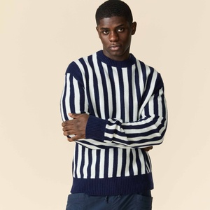 <span class=keywords><strong>Pull</strong></span> col rond à rayures verticales bleu marine et blanc pour homme, tricoté à rayures audacieuses, style <span class=keywords><strong>marin</strong></span> - Product Image 1