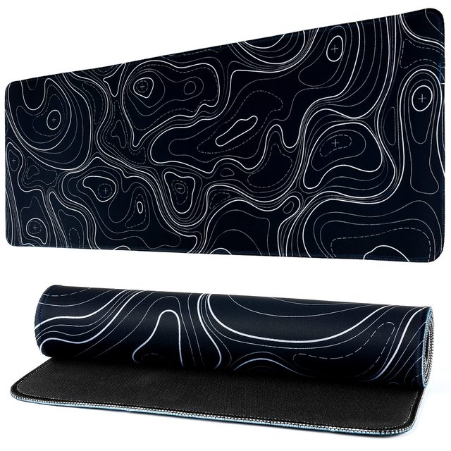 Topographic Mouse Pad Large Gaming Desk Mat Black and White Contour Lines Extended Mousepad with Stitched Edges for Office Home