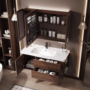 Walnut bathroom cabinet ceramic integrated basin combination bathroom storage cabinet washbasin wash hands and face - Product Image 5