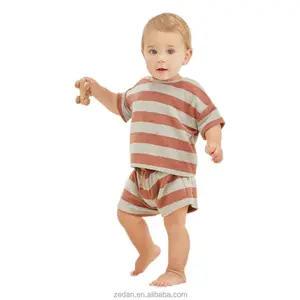 Wholesale baby clothes sets strip& solid soft organic terry shorts sleeves button neutral toddler terry sets for Summer