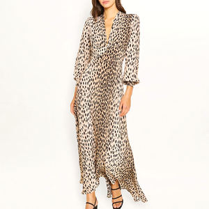 Abiti Lunghi Estivi Casual di Alta Qualità Personalizzati, Eleganti Vestiti da Sera in Raso a <span class=keywords><strong>Maniche</strong></span> <span class=keywords><strong>Lunghe</strong></span> con Stampa a <span class=keywords><strong>Pois</strong></span> o Leopardata per Donne - Product Image 2