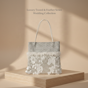 Luxury White Tweed Open Tote <strong>Bag</strong> Ostrich Feather Trim Large Sequin Patchwork Handbag Wedding Bridal Gift Party Custom Logo - Product Image 3
