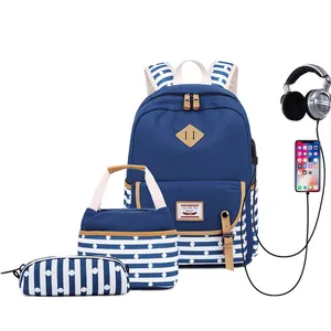 2021 toptan üç parçalı set tuval rahat sırt çantası kızlar büyük kapasiteli okul çantası USB dizüstü öğrenci çocuk sırt çantası