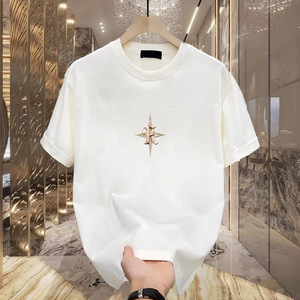 Camiseta de algodón de 230 <span class=keywords><strong>g</strong></span> con estampado de estrella y brújula para <span class=keywords><strong>hombre</strong></span>, camiseta informal de manga corta de algodón negro, top de alta calidad estilo streetwear - Product Image 4