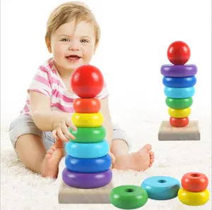 Commercio all'ingrosso del bambino educativi torre giocattoli classic blocchi geometrici di legno arcobaleno anelli di accatastamento gioco giocattolo per i bambini