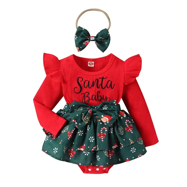 Baby Girl Kerst Outfits Lange Mouw Romper Letter Bodysuit Streepjes Gelaagde Ruche Rok Strik Hoofdband