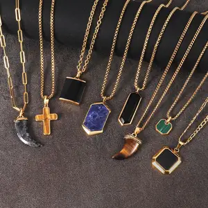 Men's Fashion Jewelry Gold Plated Stainless Steel Tiger Eye Stone Black Agate Geometric Gemstone Pendant Necklaces