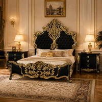 Lit King Size Baroque Noir et Or Moderne de Luxe, Cadre de Lit Sculpté à la Main, Capitonnage Rembourré pour Projet Villa, Palais, Hôtel