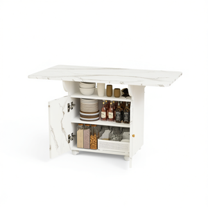 Modern <b>White</b> Marble Folding <b>Dining</b> <b>Table</b> with Storage Cabinet, Wood Legs, 6-Wheel Design, Assembled Entryway Furniture for Home - Product Image 1