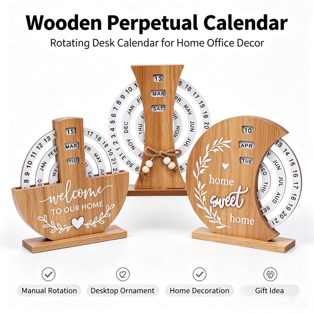 Wooden Rotating Perpetual Desk Calendar, Reusable Year-Round Tabletop Calendar Ornament for Home Office Housewarming Gift