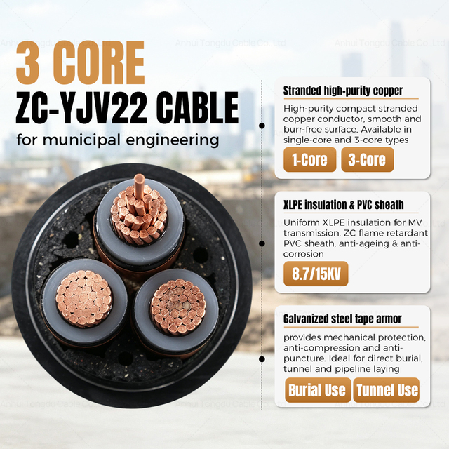 8.7/15kV ZC-YJV22 3x70mm2 Copper XLPE Armored Power Cable for Smart Grid Underground Electrical Distribution