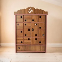 Armoire de prière hindoue en bois, temple mural avec symbole Om et tiroirs pour le culte domestique et le rangement de l'autel religieux
