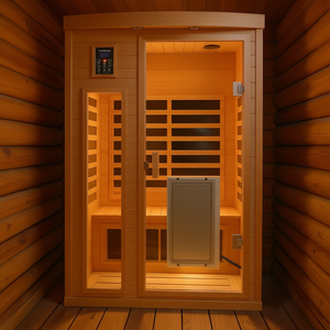 Sauna infrarouge lointain pour deux personnes en bois de pruche, construction en bois massif, panneau de commande informatique intégré - Product Image 2