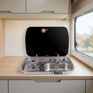 Cocina Portátil de Lujo para Camping JP, Estufa de Gas de 2 Quemadores para RV, Fregadero Combinado Plateado de Acero Inoxidable SS 304 para Vehículo - Product Image 1