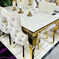 Ensemble de table à manger de luxe italienne pour villa, 4/6/8 chaises, acier inoxydable, marbre, finition brillante, meubles de salle à manger assemblés