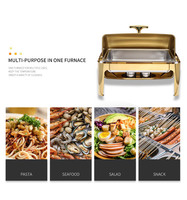 Liantong Fabrik Edelstahl Goldenes Rechteckiges Chafing Dish mit Glasdeckel – Hotel & Restaurant Küchenausstattung Speisenwärmer Set
