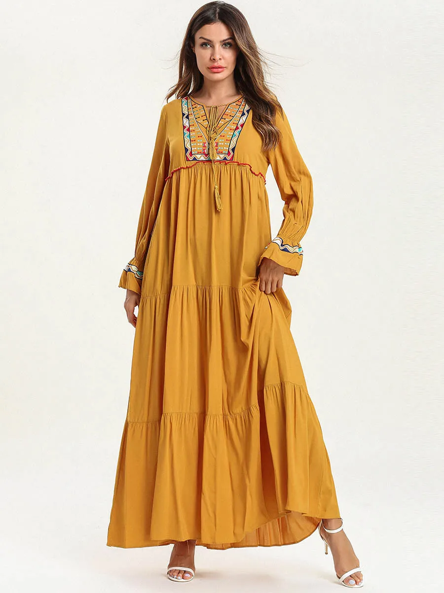 stylish islamic abaya cloth cotton made plus size 4XL elegant embroidered muslim long sleeve dress for muslim women