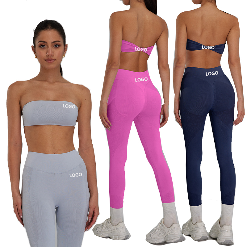 G Top-Q073+074 Seamless Sportswear High Waist Leggings Yoga Bandeau Push up Bra Workout Fitness Women 2 Piece Sets