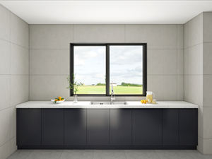 Meubles de cuisine modernes et minimalistes gris mat, îlot de cuisine, armoires modulaires noires et blanches, plan de travail en quartz, meubles de maison, appartements - Product Image 3
