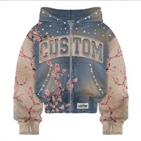 Sudadera con capucha extragrande de peso pesado con lavado ácido personalizado para hombre, con bordado de parches de pedrería, con cremallera, estilo vintage streetwear, unisex