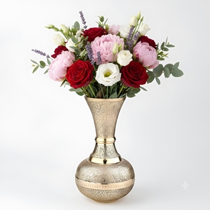 Vase à fleurs en laiton gravé artisanal, décoratif, vintage, en métal doré, pour fleurs fraîches, salon, mariage - Product Image 1