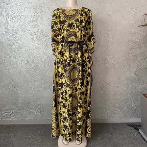 African Mama style free plus size printing abaya fashion long dress four season ware with ribbon belt