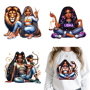 Adesivi Termoadesivi DTF con Segni Zodiacali Afro per Donne, Stile Hip Hop, per <span class=keywords><strong>Abbigliamento</strong></span> - Product Image 1
