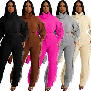 New women's fashion and leisure solid color knitted long sleeve high collar tassel 2-piece suit