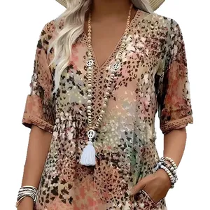 Abito Estivo da <span class=keywords><strong>Donna</strong></span> Vintage con Stampa Floreale in Pizzo Europeo, Silhouette a Linea A, Vestibilità Ampia, Lunghezza al Ginocchio, Scollo a V, Manica Corta - Product Image 3