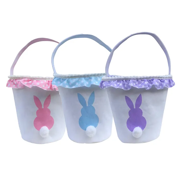 4 Colors Easter Bunny Basket Canvas Eggs Toys Bucket Kids Gifts Tote Bag with Rabbit Tail Easter Celebration Supplies