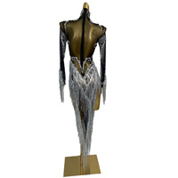 Robe de soirée sexy noire à franges en strass pour femmes, tenue de scène à paillettes, tenue de festival, costume de danseuse Gogo
