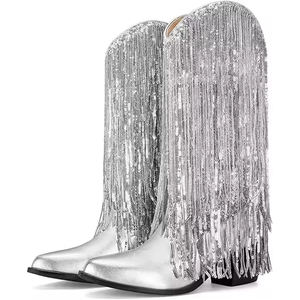 Bottines mi-mollet pour femmes, style western, en métal argenté, avec fermeture éclair latérale, talon épais, style cow-boy - Product Image 1