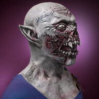 Masque en latex gris de zombie sanglant aux oreilles pointues, drôle, couvrant tout le visage, avec dents pointues, pour Halloween, cosplay, maison hantée, fête costumée