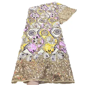 Polyester Ankara Wachs Laser Spitze Tüll Spitze Stoff Pailletten Stickerei Stoff Mesh für Kleid