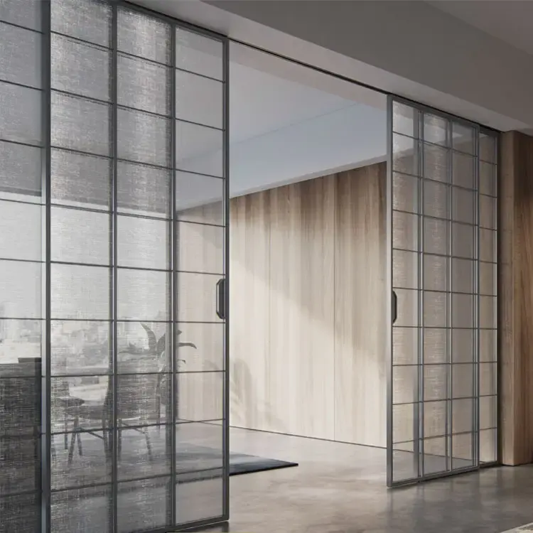Puerta corredera de aluminio francés 2024, partición Interior contemporánea de vidrio, puertas correderas de vidrio Triple delgadas estrechas manuales de aluminio