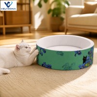 Lit grattoir rond moderne en carton pour chat avec coussin remplaçable et motif floral, antidérapant et durable pour chats