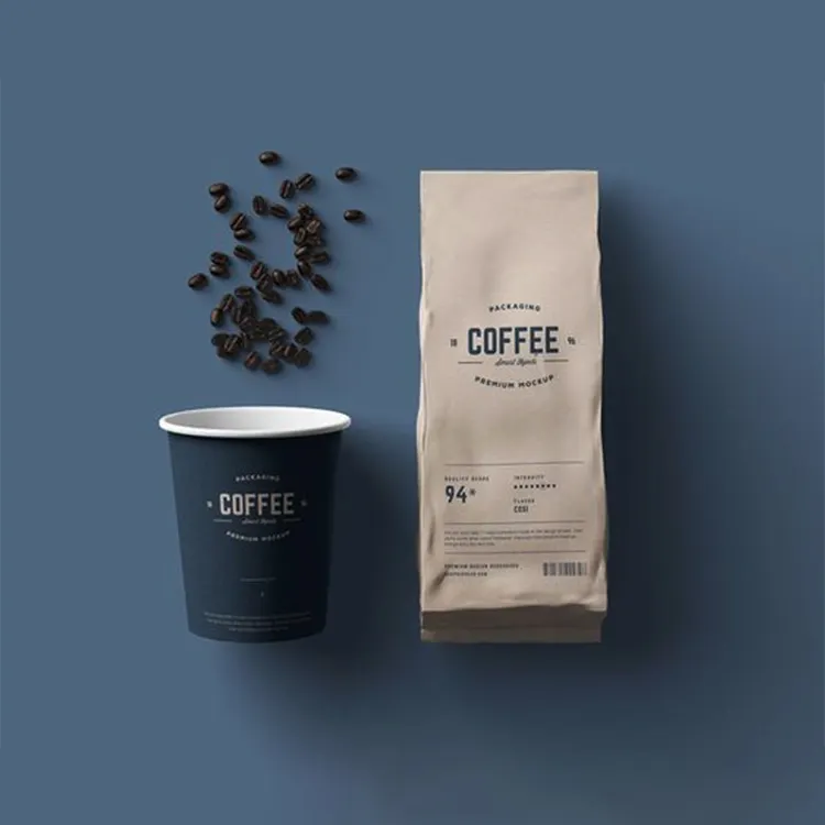 Logotipo personalizado Oem personalizado tamaño marrón café de fondo plano 8 con fuelle lateral sello de bolsa de papel Kraft bolsa de café para caja de embalaje