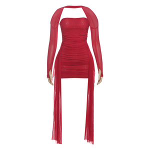 Nouvelle Robe Halter Sexy Femme Style <span class=keywords><strong>Club</strong></span> Européen-Américain avec Manches à Doigts, Bustier Froncé et Ruban, Coupe Moulante, Ensemble Unique - Product Image 6