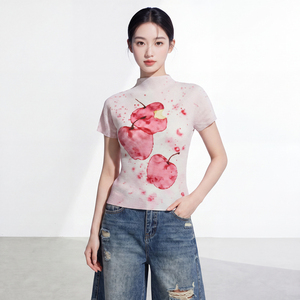 <b>Women's</b> Casual Short Sleeve Loose Fit Knitted Chiffon With Cherry Print <b>Top</b> Eco-Friendly Vintage Breathable Slim Fit All seasons - Product Image 3