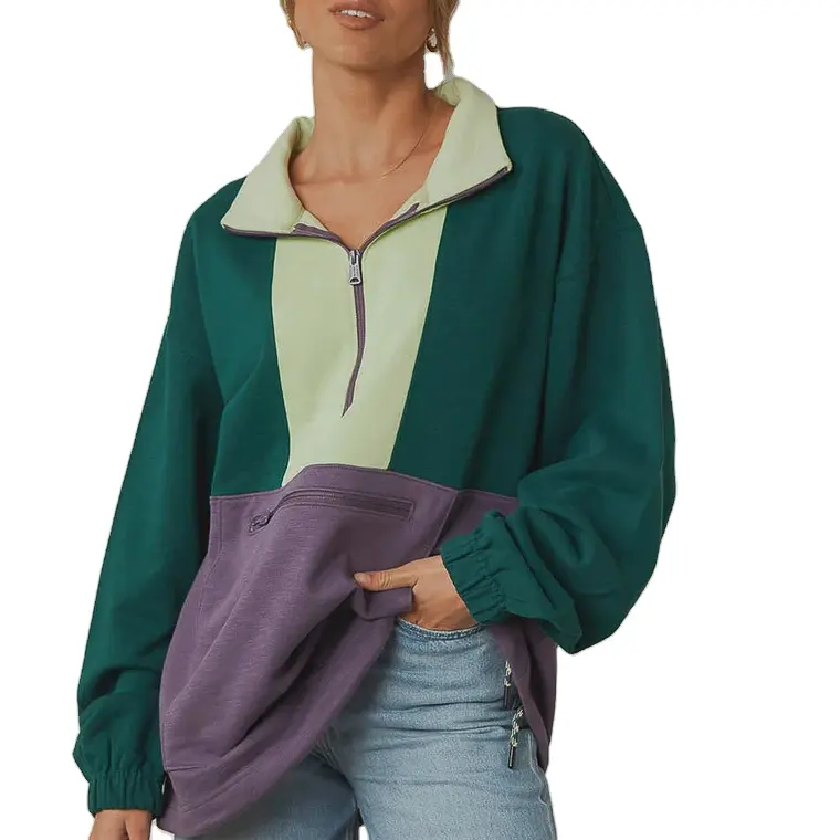 Een Gedurfde '90s Kleur Blok Popovers Oversized 1/4 Zip Pullover Met Ruwe Zoom