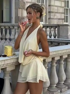 Abito Mini da Donna Elegante e Sexy con Scollo a V Profondo, Trasparente, in Pizzo, con Lacci, Drappeggiato, Senza Schienale, Halter, per Vacanze e Spiaggia - Product Image 5