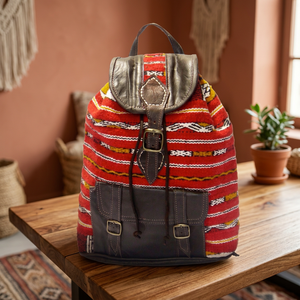 Mochila Kilim Hecha a Mano con Detalles en Cuero, Cierre con Cordón, Bolsa de Viaje Unisex, Estilo Clásico, Duradera - Product Image 2