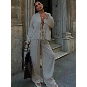 女性用夏カジュアル織り無地通気性長袖ネクタイフロントシャツパンツツーピースセット - Product Image 4