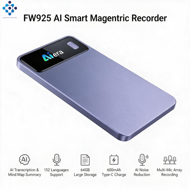 FW925 AI Voice Recorder Bone Mic AI Noise Reduction 152 Languages Transcription WAV LCD Color Screen Type-C Charge Ultra Thin