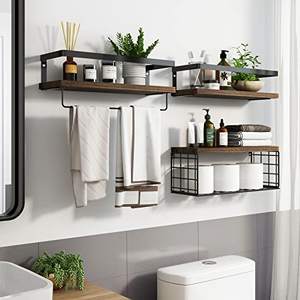 Rustik ahşap banyo tuvalet tel depolama sepeti üzerinde 3 + 1 Tier duvara monte yüzer raflar ile Metal çerçeve - Product Image 5