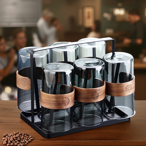 300ml semplice vetro grigio fumo alto borosilicato colorato tazze da <span class=keywords><strong>caffè</strong></span> tè con manico in legno 6 pezzi set con supporto - Product Image 2