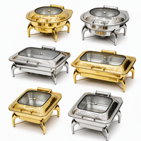 Plat à chafing rond de luxe doré en acier inoxydable avec couvercle en verre pour buffet, idéal pour l'hôtellerie, la restauration et les mariages