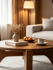 Mesa de Centro de Madera Maciza Redonda con Patas Curvas Triangulares, Estilo Japonés Minimalista para Sala de Estar - Product Image 5