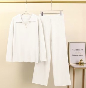 Conjunto de 2 Piezas de Suéter de Punto con Cuello Alto y Pantalones Anchos para Mujer, Otoño Invierno - Product Image 4