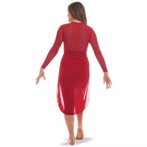 Costume de danse lyrique élégant pour femmes, justaucorps rouge à manches longues avec appliques florales et traîne en tulle pour spectacle sur scène - Product Image 5